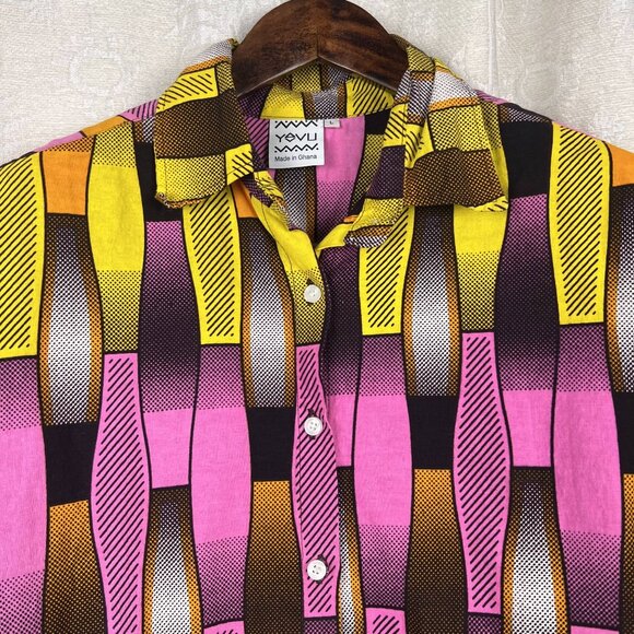 Yevu colorful button-down oversized top wide sleeve cotton stripe Ghana Africa L - Picture 2 of 8